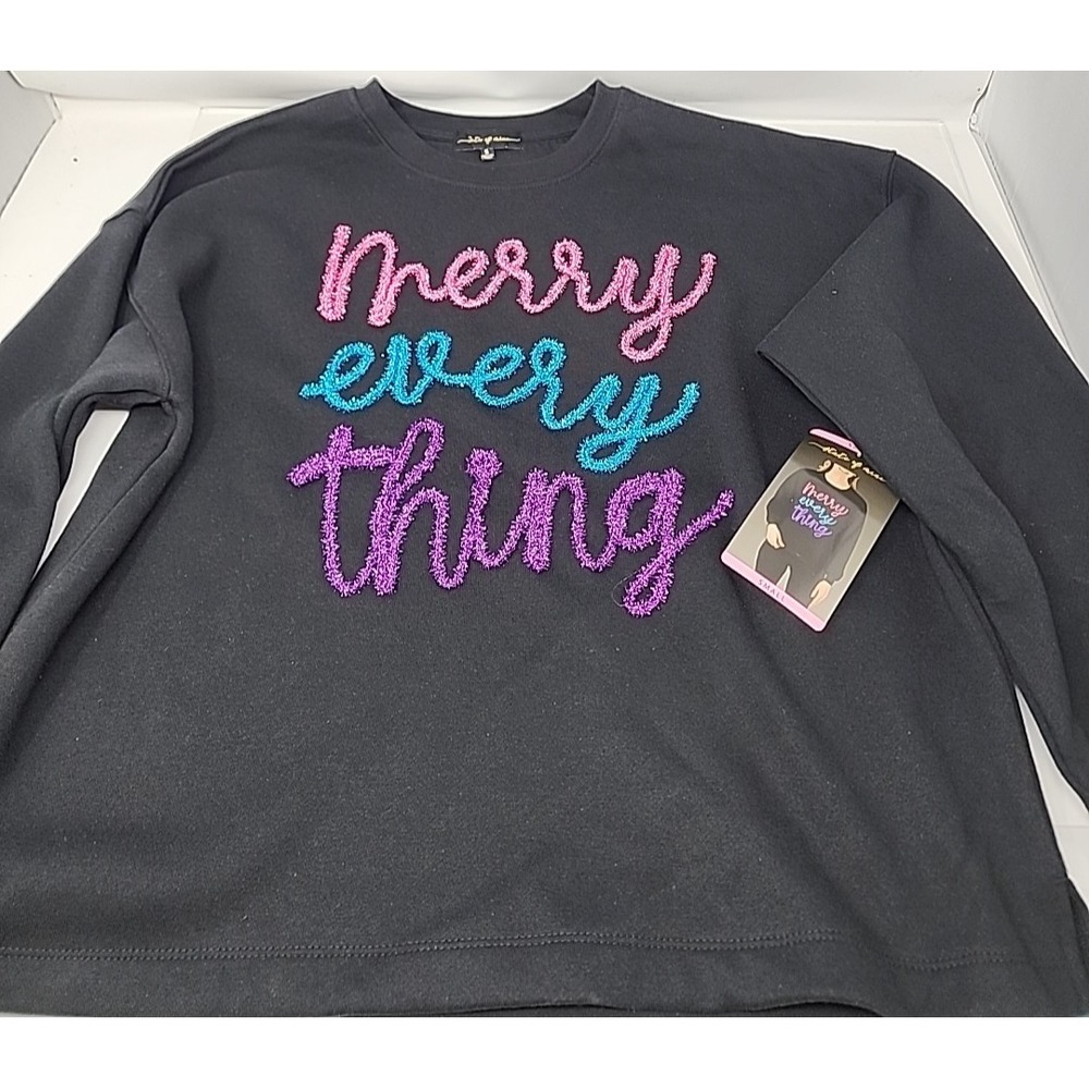 State Of Mine Women's Sequin Graphic‎ Sparkle Sweatshirt Merry Everything Small